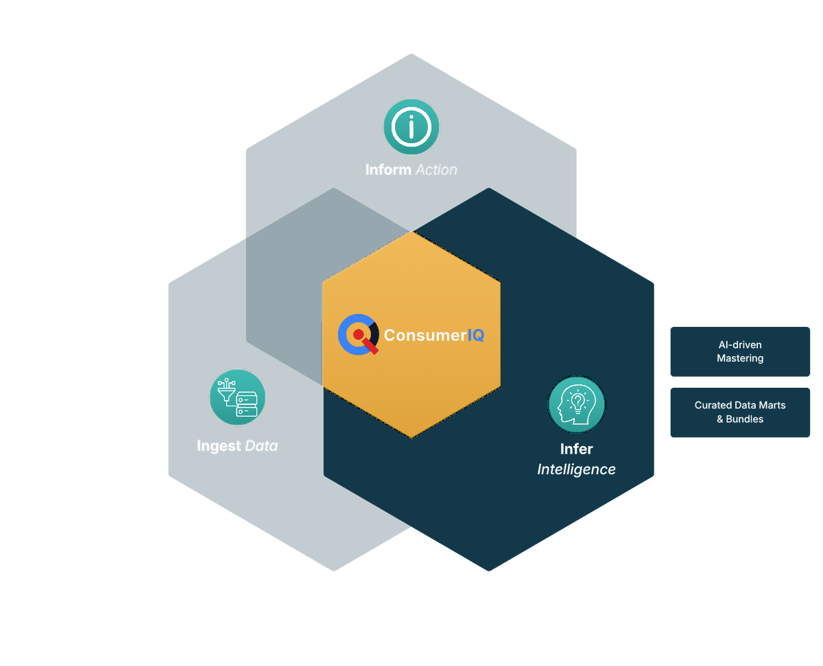 ConsumerIQ platform diagram with the Infer Intelligence hexagon highlighted, showing AI-driven Mastering and Curated Data Marts and Bundles as its outputs.