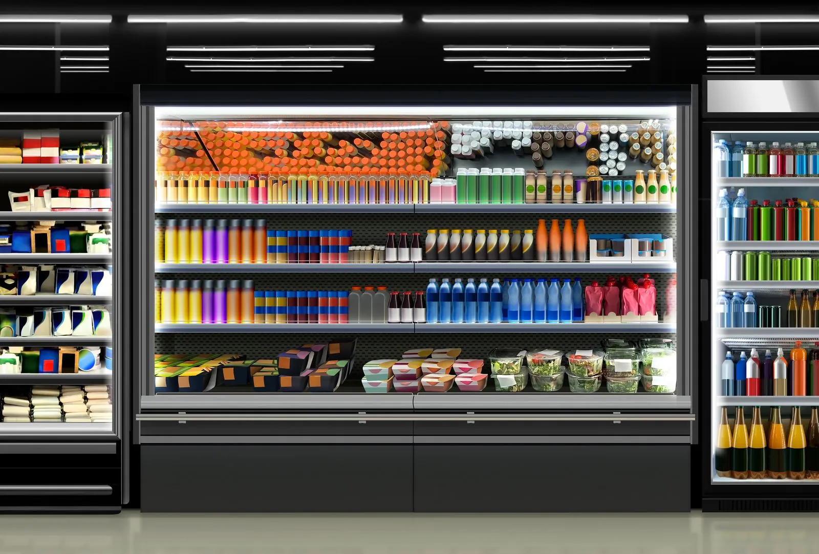 A refrigerated retail cooler set filled with brightly coloured functional and non-alcoholic beverages, arranged in dense rows.