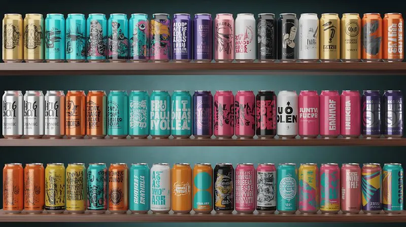 Rows of colourful craft beer and RTD cans on retail shelving.