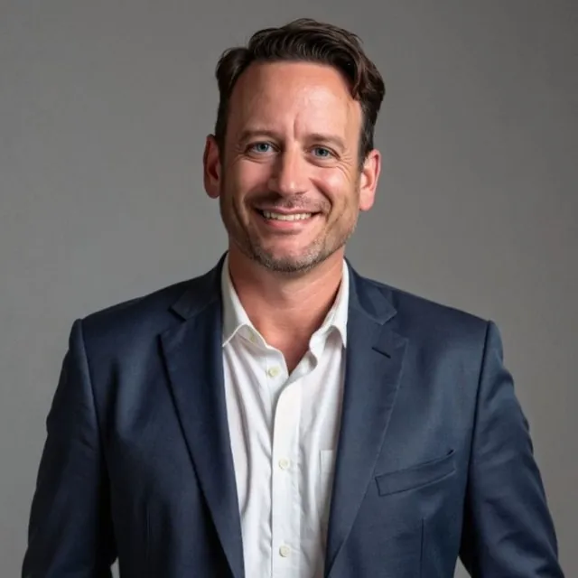Portrait of Matt Rice, advisor to BevGenie, wearing a navy blazer over an open-collar white shirt.